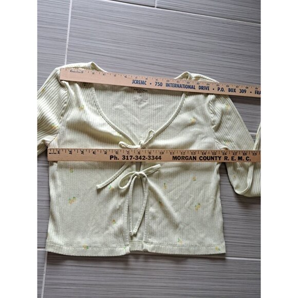 Y2K Arizona Lemon Print Ribbed Long Sleeve Double Tie-Front Cropped Top Shirt M - Picture 8 of 9